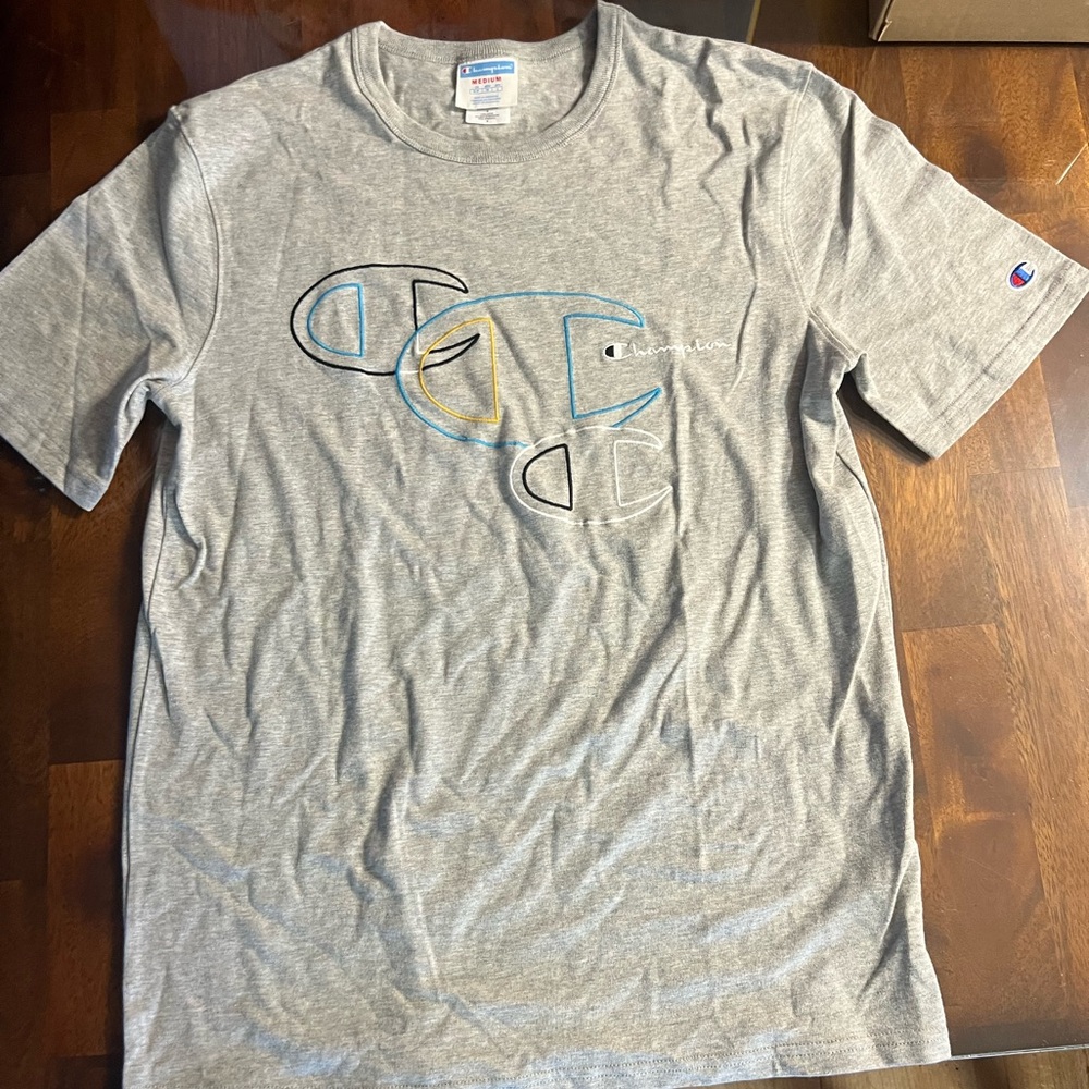 CHAMPION LIFE LOGO EMBROIDERED TEE (GREY), never worn just wrinkled, men’s med